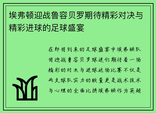 埃弗顿迎战鲁容贝罗期待精彩对决与精彩进球的足球盛宴