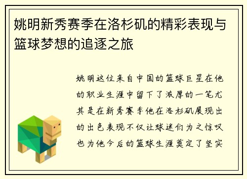 姚明新秀赛季在洛杉矶的精彩表现与篮球梦想的追逐之旅