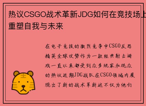 热议CSGO战术革新JDG如何在竞技场上重塑自我与未来