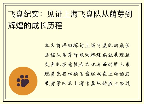 飞盘纪实：见证上海飞盘队从萌芽到辉煌的成长历程