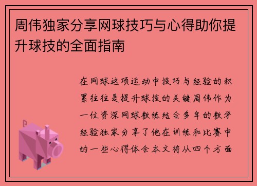 周伟独家分享网球技巧与心得助你提升球技的全面指南